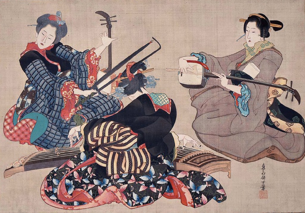 Três mulheres a tocar instrumentos musicais - Katsushika Ōi (1850).JPG